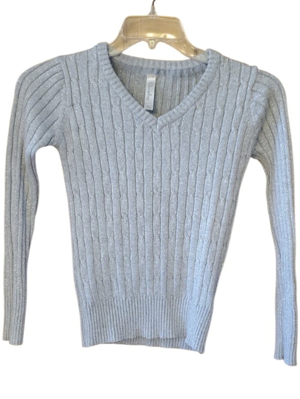 Cherokee Girls 10-12 V-Neck Cable Knit Sweater - Light Gray with Silver Metallic